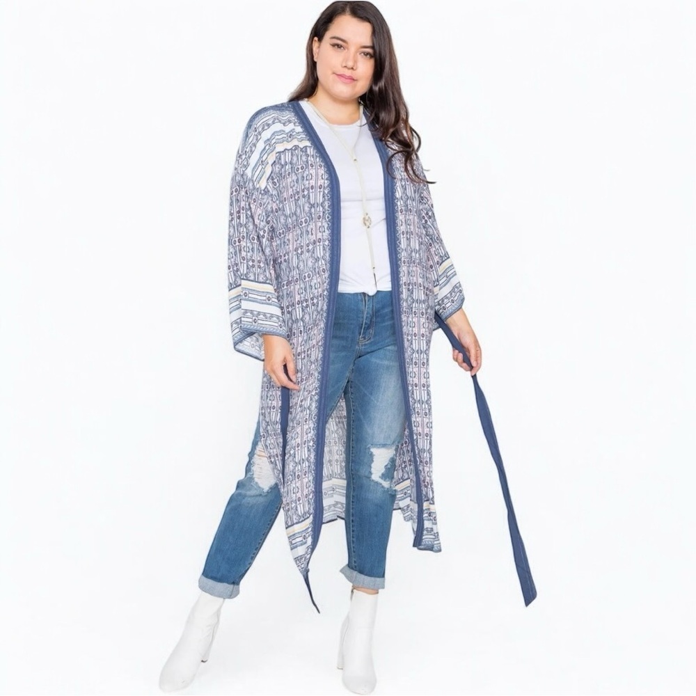 NWT Boho Maxi Duster Wrap Navy White Western Print - Size 3X